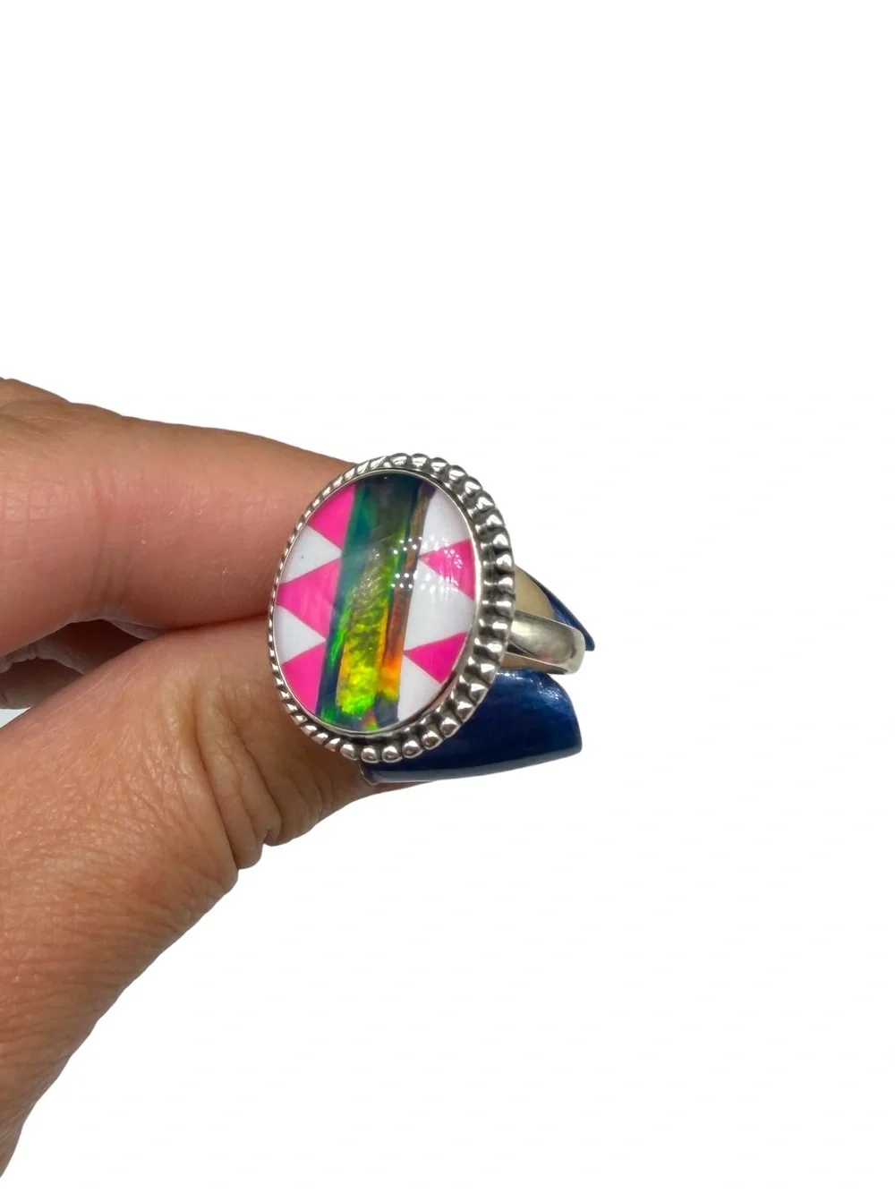 Aurora Fire Opal Stripe Ring Size 7.5 Solid 925 Sterling Silver Hot Pink White